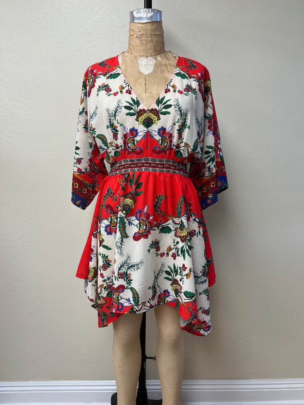 Umgee Kimono Sleeve Tie Back Floral Tunic Dress Size Medium
